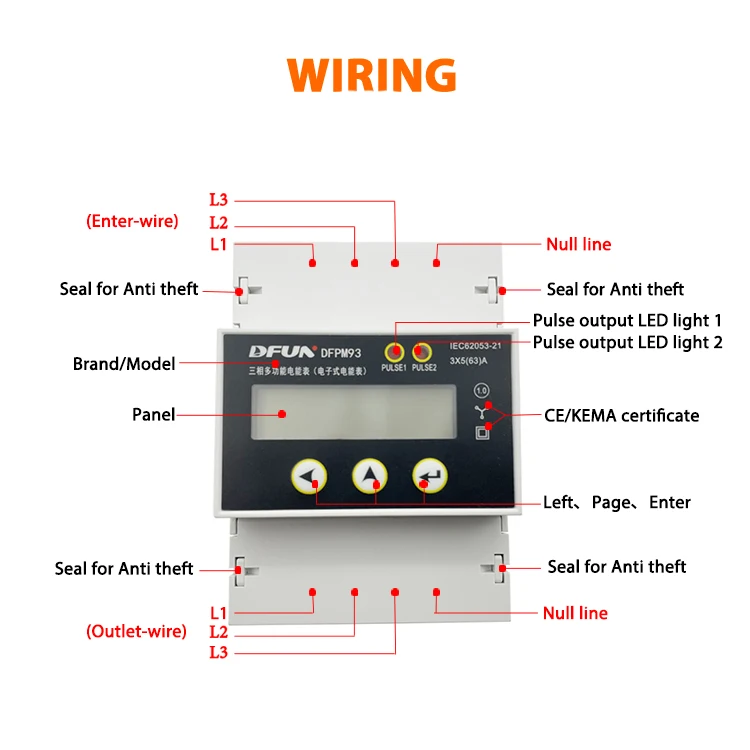 Compteur d'&eacute;nergie triphas&eacute; DFPM93 5A via c&acirc;blage CT