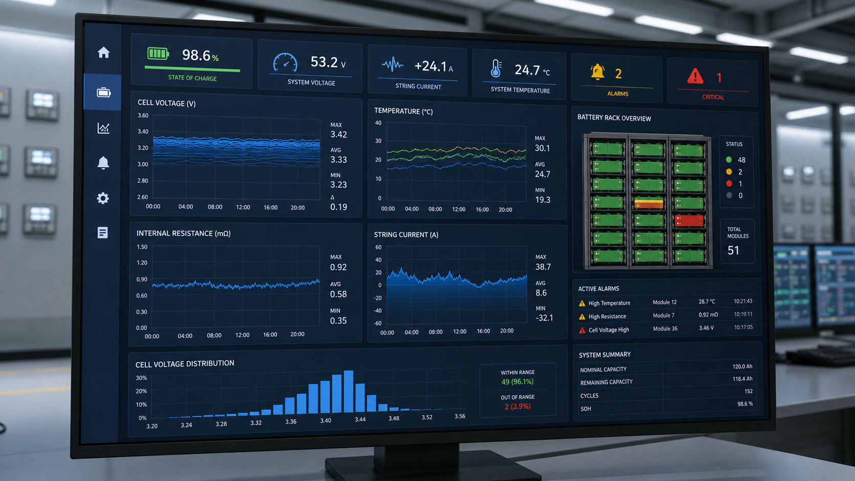 Tableau de bord de surveillance des batteries de sous-station affichant la temp&eacute;rature de tension des cellules et la r&eacute;sistance interne 