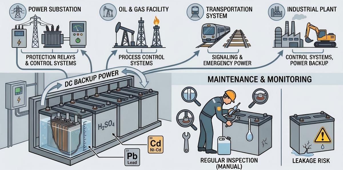 Applications de surveillance des batteries au plomb et Ni-Cd inond&eacute;es dans les sous-stations, les installations p&eacute;troli&egrave;res et gazi&egrave;res, de transport et industrielles 