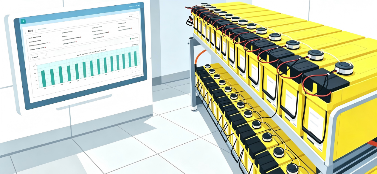 Tableau de bord de surveillance DFUN BMS &agrave; c&ocirc;t&eacute; d'un rack de batteries de secours d'h&ocirc;pital 